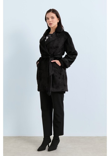 Taş Detaylı Kuşaklı Uzun Tüy Angora Kaban Siyah modelleri