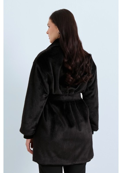Taş Detaylı Kuşaklı Uzun Tüy Angora Kaban Siyah fırsatları