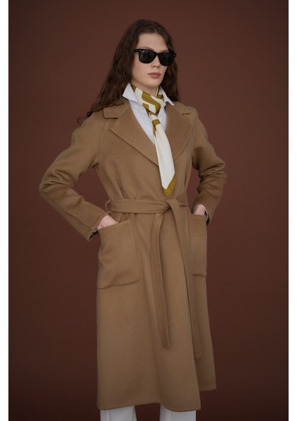 Kuşaklı Torba Cepli %100 Yün Kaban Vizon fırsatları