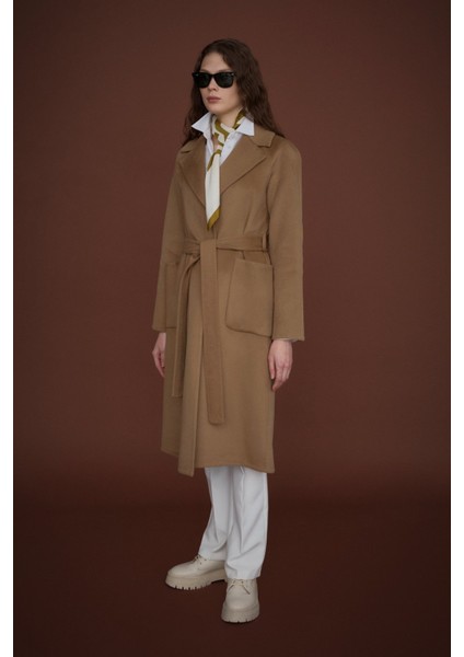 Kuşaklı Torba Cepli %100 Yün Kaban Vizon indirimleri