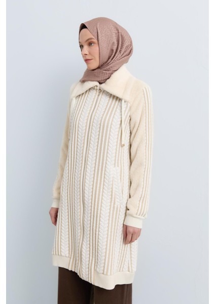 Simli Saç Örgü Detaylı Fermuarlı Angora Giy-Çık Ekru
