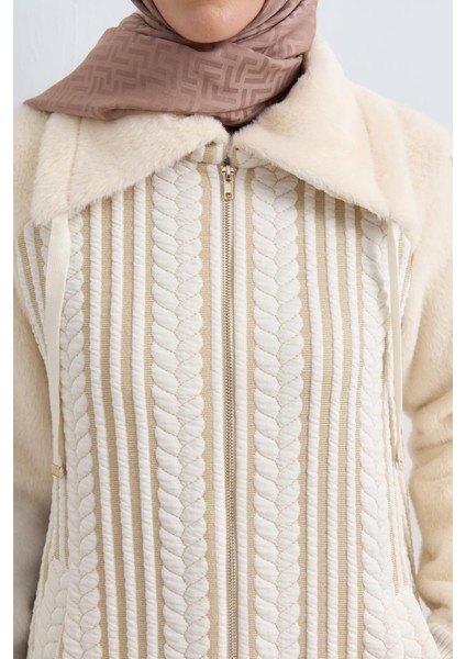 Simli Saç Örgü Detaylı Fermuarlı Angora Giy-Çık Ekru fiyatları