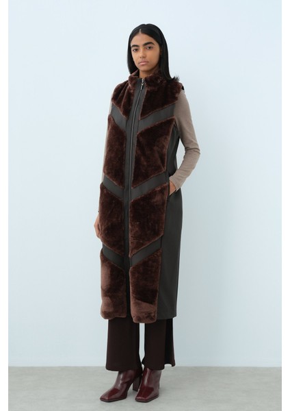 Rahat Kalıp Peluş Mixli Deri Yelek Kahve modelleri