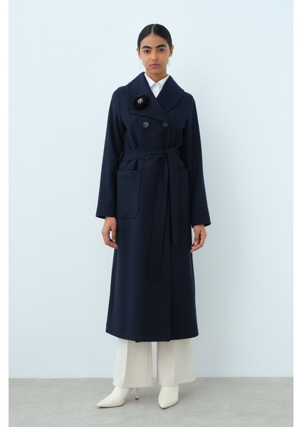 Asimetrik Yakalı Kuşaklı Kaban Lacivert