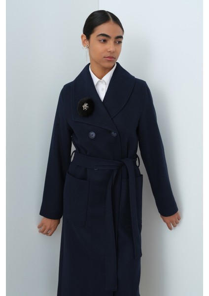 Asimetrik Yakalı Kuşaklı Kaban Lacivert indirimleri