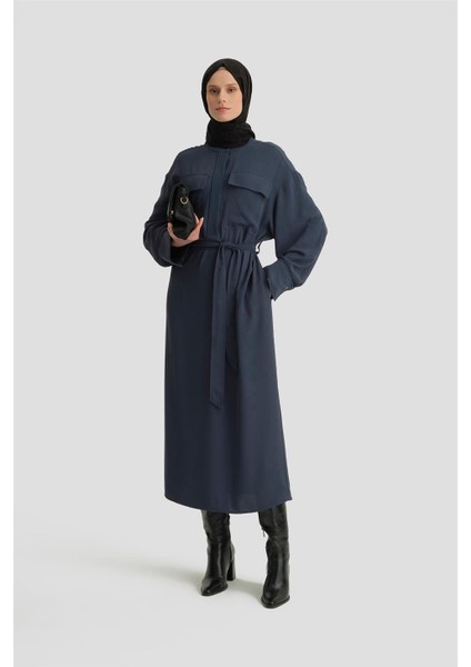 Kapaklı Cepli Elbise ORT9925 Petrol