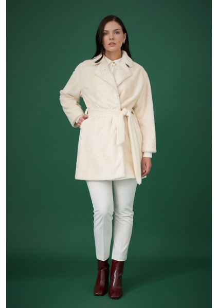 Taş Detaylı Kuşaklı Uzun Tüy Angora Kaban Ekru