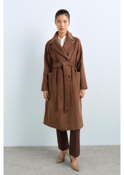 Kruvaze Kapama Kuşaklı Kaban Kahve modelleri