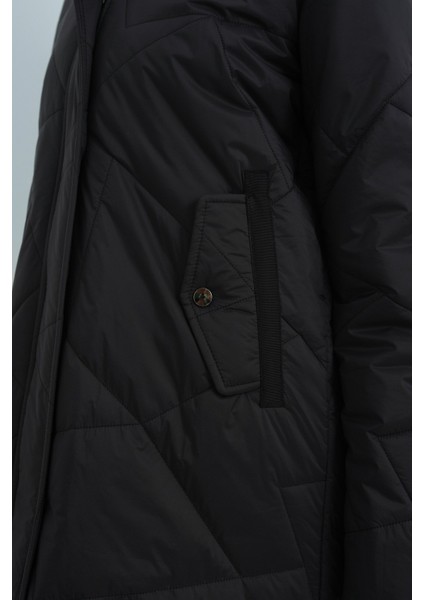 Kürklü Kapşonlu Spor Kapitone Kaban Siyah modelleri