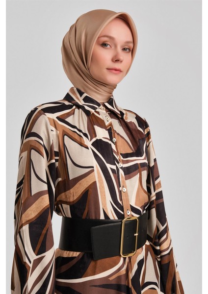 Biye Detaylı Desenli Elbise 24Y9853 Kahverengi