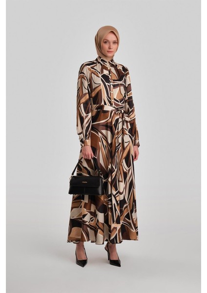 Biye Detaylı Desenli Elbise 24Y9853 Kahverengi fiyatları