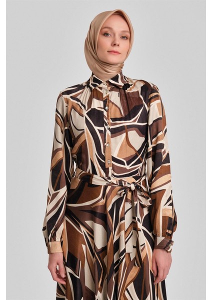 Biye Detaylı Desenli Elbise 24Y9853 Kahverengi fırsatları