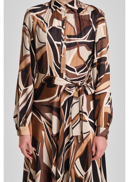 Biye Detaylı Desenli Elbise 24Y9853 Kahverengi indirimleri