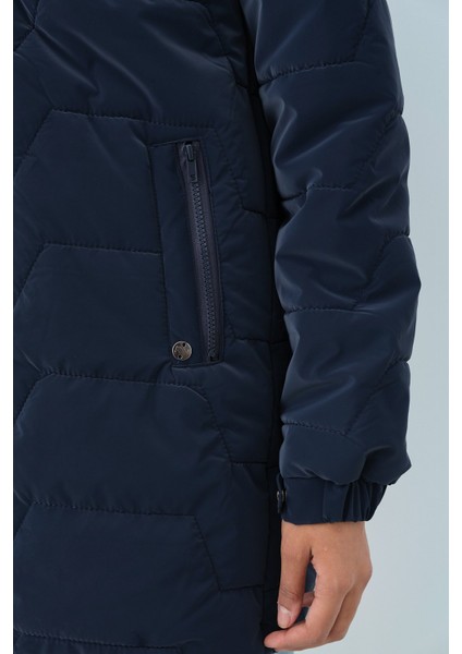 Seyyar Kürklü Kapşonlu Kapitone Kaban Lacivert fiyatları