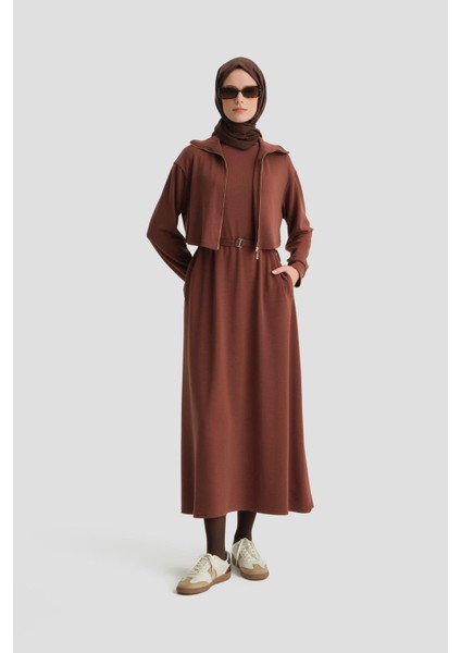 Hırkalı Örme Elbise 24KD6815 Kızıl Kahve