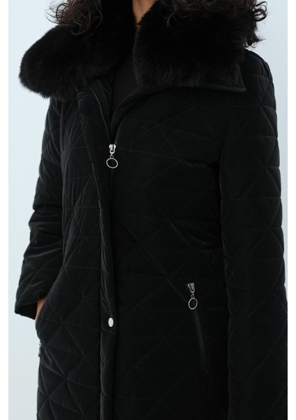 Kürk Yakalı Kapitone Kaban Siyah modelleri