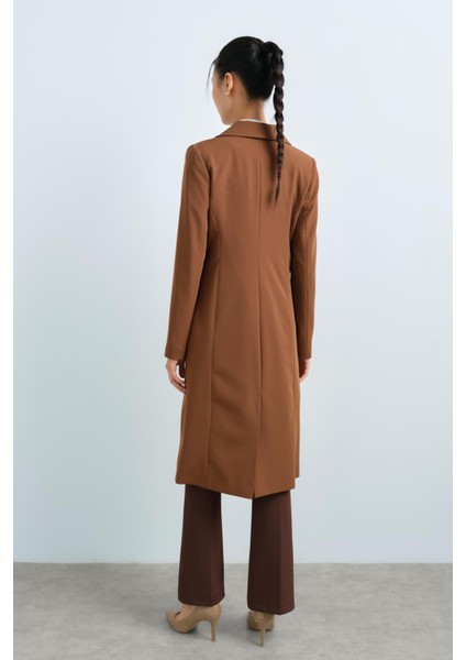 Metal Düğmeli Kruvaze Kapama Uzun Ceket Açık Kahve fırsatları
