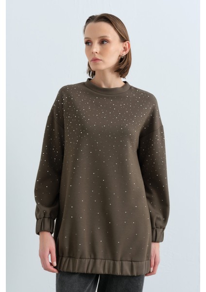 Parlak Taşlı Sweat Haki