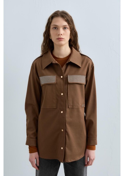 Taşlı Gömlek Ceket Açık Kahve