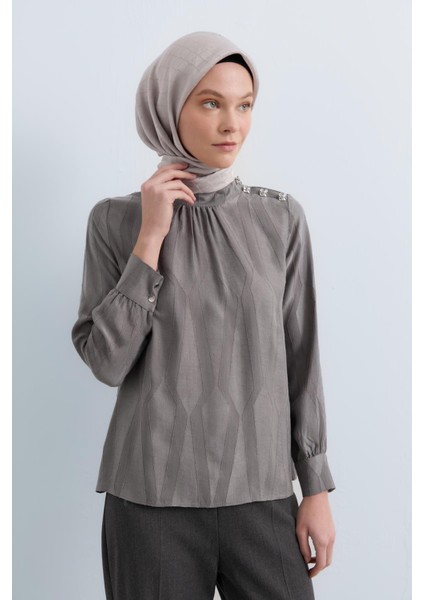 Omuz Düğmeli Dik Yaka Cupra Bluz Gri modelleri