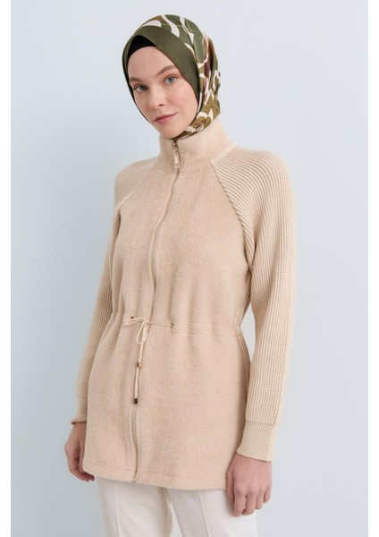 Fermuarlı Peluş Ceket Bej