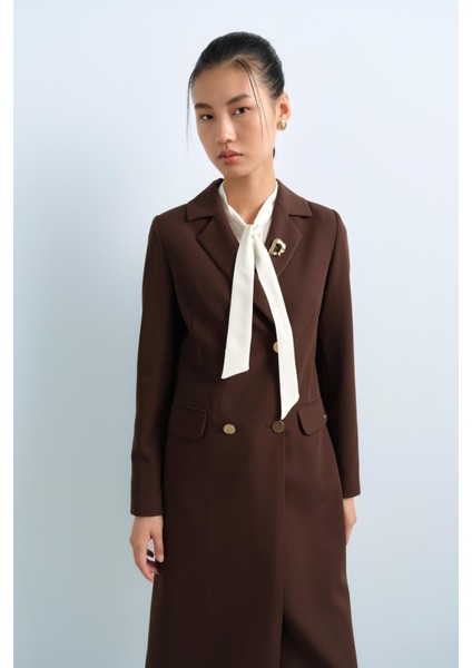 Metal Düğmeli Kruvaze Kapama Uzun Ceket Kahve modelleri