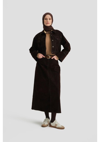 Flok Baskılı Denim Takım 24KD3401 Kahverengi