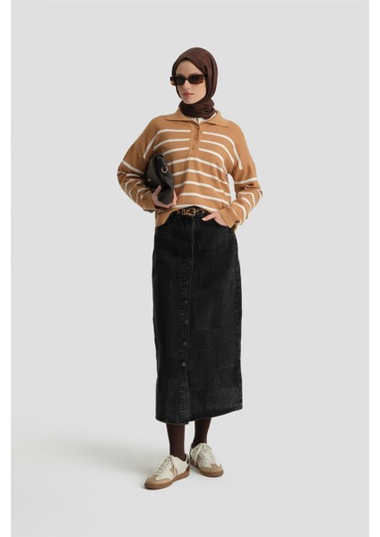 Çizgili Triko Kazak 24KD4208 Camel