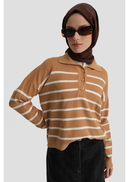 Çizgili Triko Kazak 24KD4208 Camel modelleri