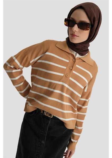 Çizgili Triko Kazak 24KD4208 Camel fırsatları