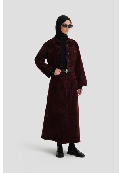 Flok Baskılı Denim Takım 24KD3401 Bordo