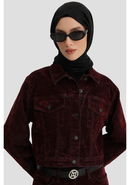 Flok Baskılı Denim Takım 24KD3401 Bordo fırsatları