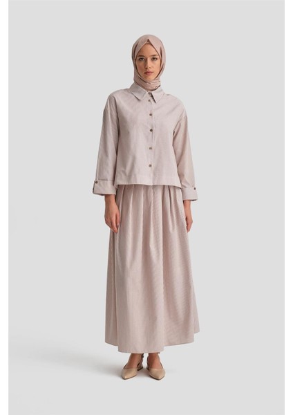 Plise Etekli Çizgili Takım 24K6851 Camel