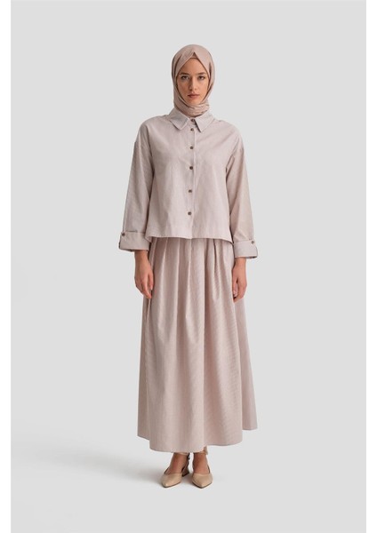 Plise Etekli Çizgili Takım 24K6851 Camel