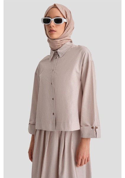 Plise Etekli Çizgili Takım 24K6851 Camel