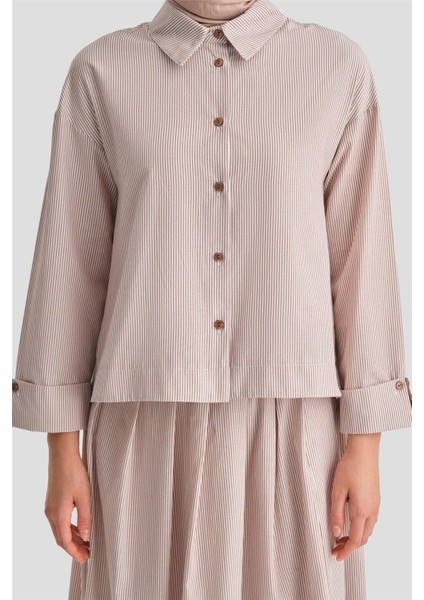 Plise Etekli Çizgili Takım 24K6851 Camel
