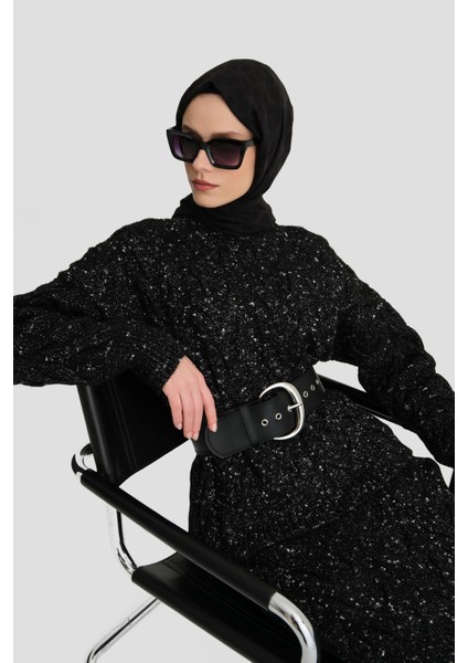 Saç Örgülü Simli Triko Takım 24KD4207 Siyah