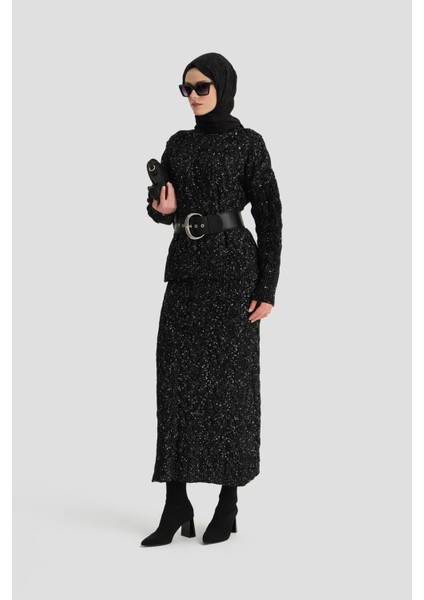 Saç Örgülü Simli Triko Takım 24KD4207 Siyah fiyatları