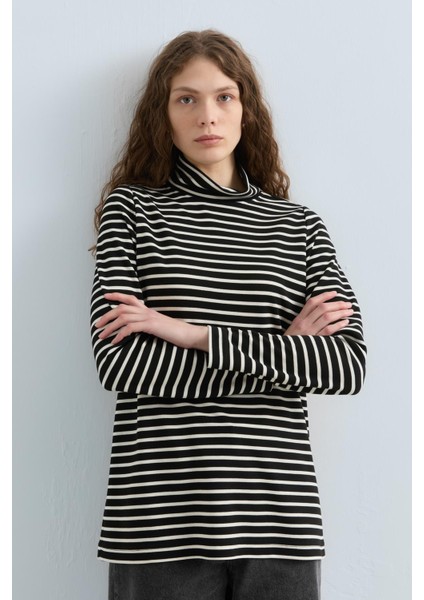 Balıkçı Yaka Çizgili Basic Sweat Siyah fiyatları