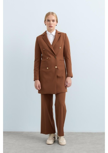 Metal Düğmeli Blazer Ceket Açık Kahve
