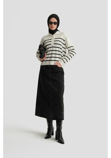 Çizgili Triko Kazak 24KD4208 Ekru