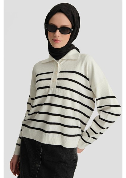 Çizgili Triko Kazak 24KD4208 Ekru