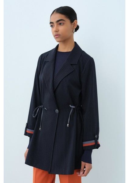 Beli Büzgülü Kruvaze Ceket Lacivert