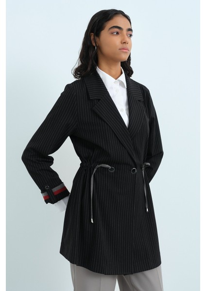 Beli Büzgülü Kruvaze Ceket Siyah