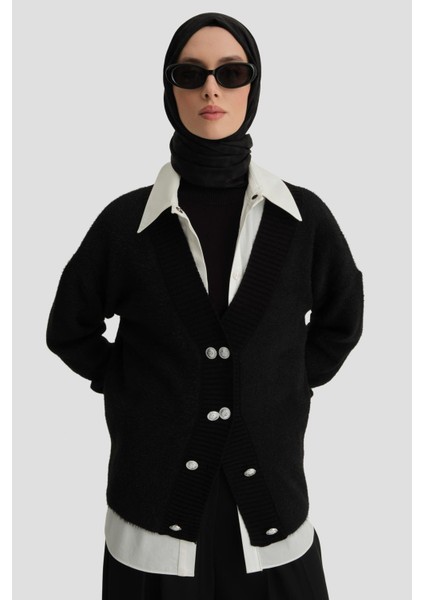 Peluş Triko Hırka 24KD4211 Siyah