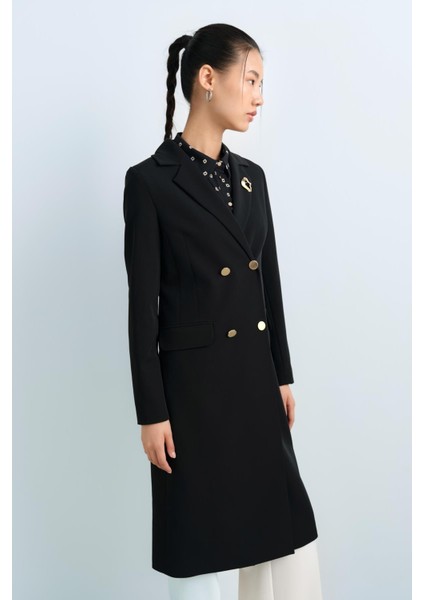 Metal Düğmeli Kruvaze Kapama Uzun Ceket Siyah fiyatları