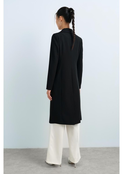 Metal Düğmeli Kruvaze Kapama Uzun Ceket Siyah fırsatları