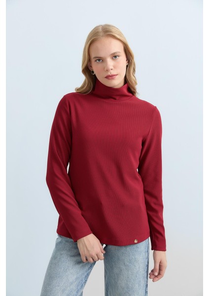 Dik Yaka Basic Örme Bluz Bordo fiyatları