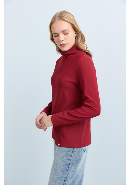 Dik Yaka Basic Örme Bluz Bordo modelleri