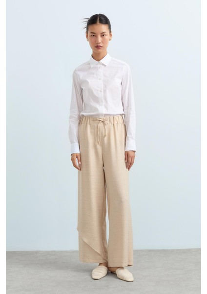 Parça Detaylı Bol Paça Pantolon Bej